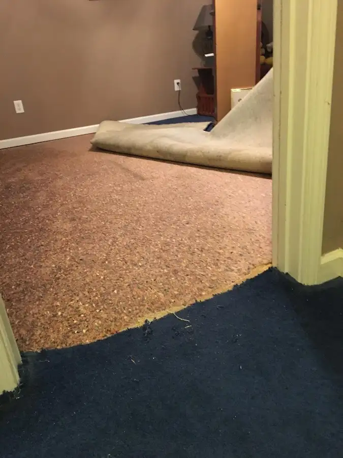 Carpet pad removal revealing water damage during Water Mitigation Services in Fort Wayne